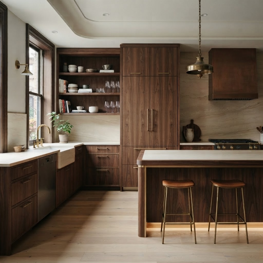 Walnut kitchen with a cream stone island and tall black-framed windows